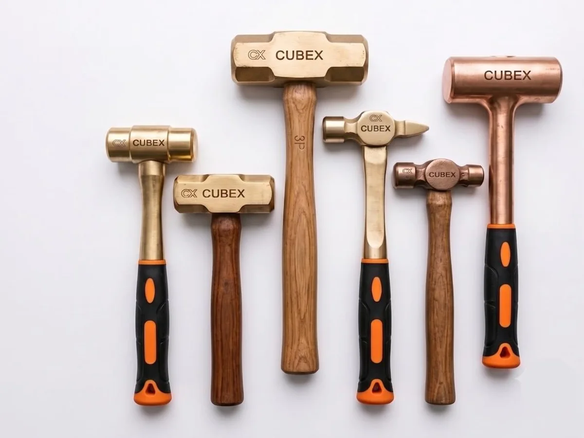Seis marretas e martelos CUBEX em bronze e cobre, com cabos de madeira e cabos ergonômicos, dispostos lado a lado.